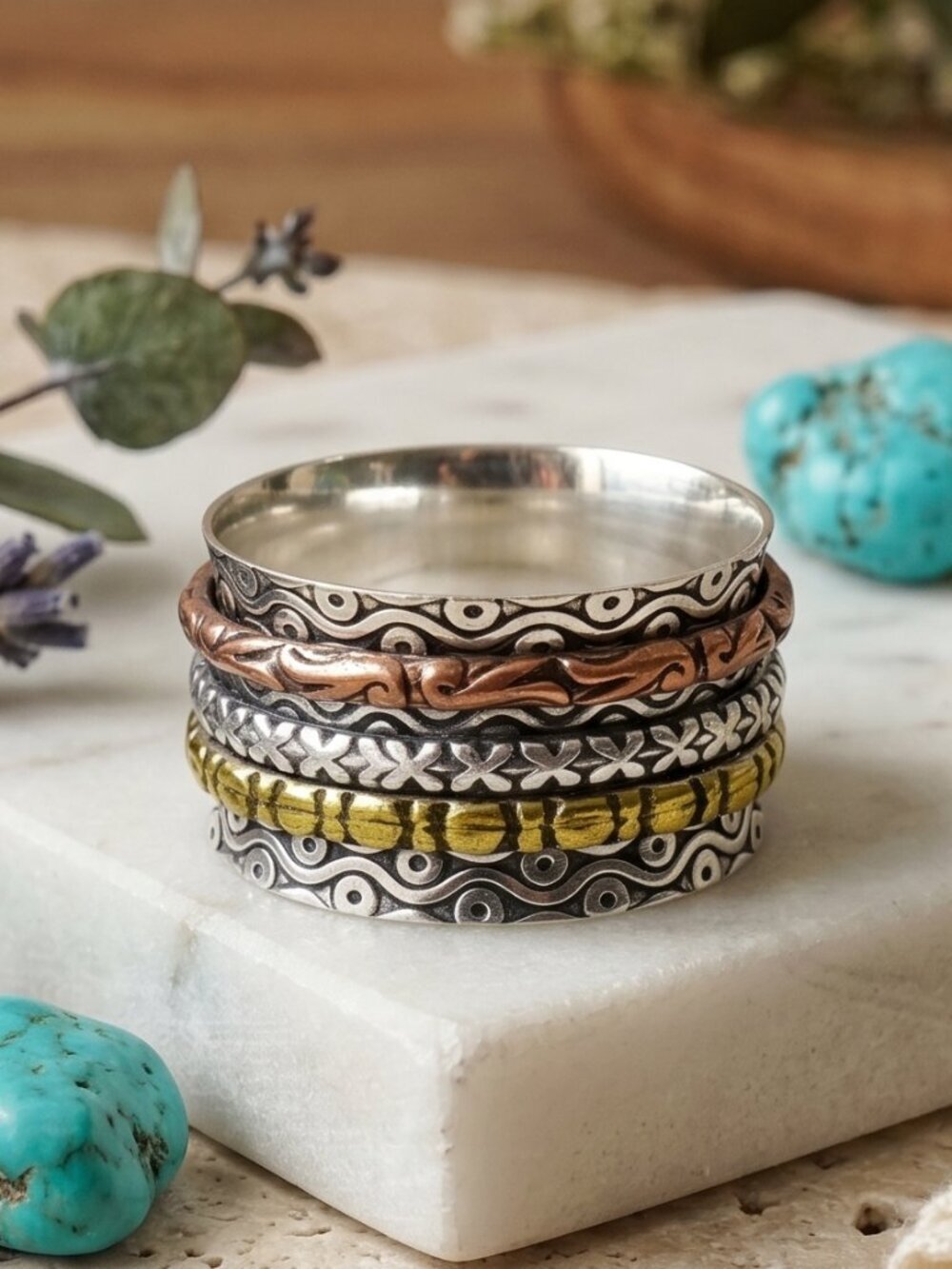925 Sterling Silver Spinner Ring Brass Copper Mens Meditation Wide Band Sz 10